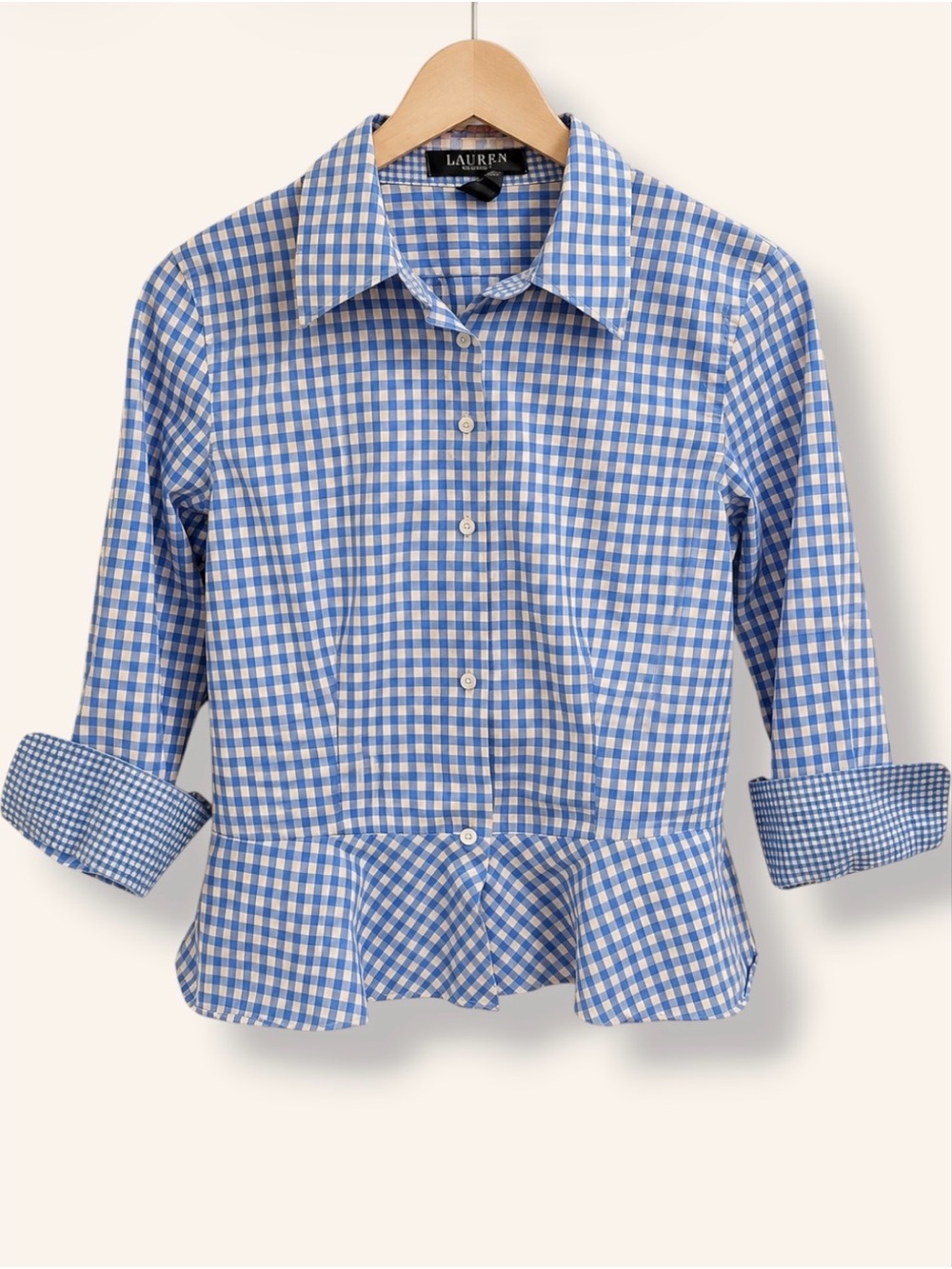 Ralph Lauren Blue and White Gingham Peplum Button-Down Shirt